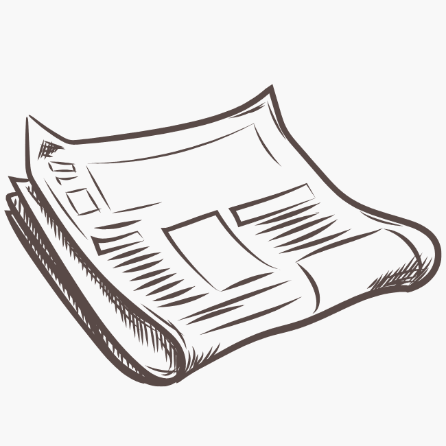 black and white sketch of a folded newspaper with visible headlines, columns, and images, on a plain background.