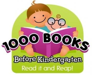 Cartoon of two children reading a large pink book, with the text "1000 Books Before Kindergarten. Read it and Reap!" displayed below them.