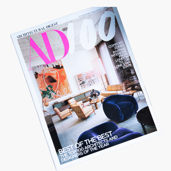 cover of architectural digest magazine featuring modern, colorful interior design with headline "best of the best: the top 100 architects and designers of the year.
