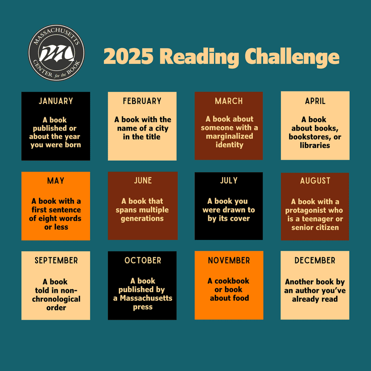 2025 Reading Challenge chart with monthly book prompts, such as "A book published or about the year you were born" for January and varied themes for each month.