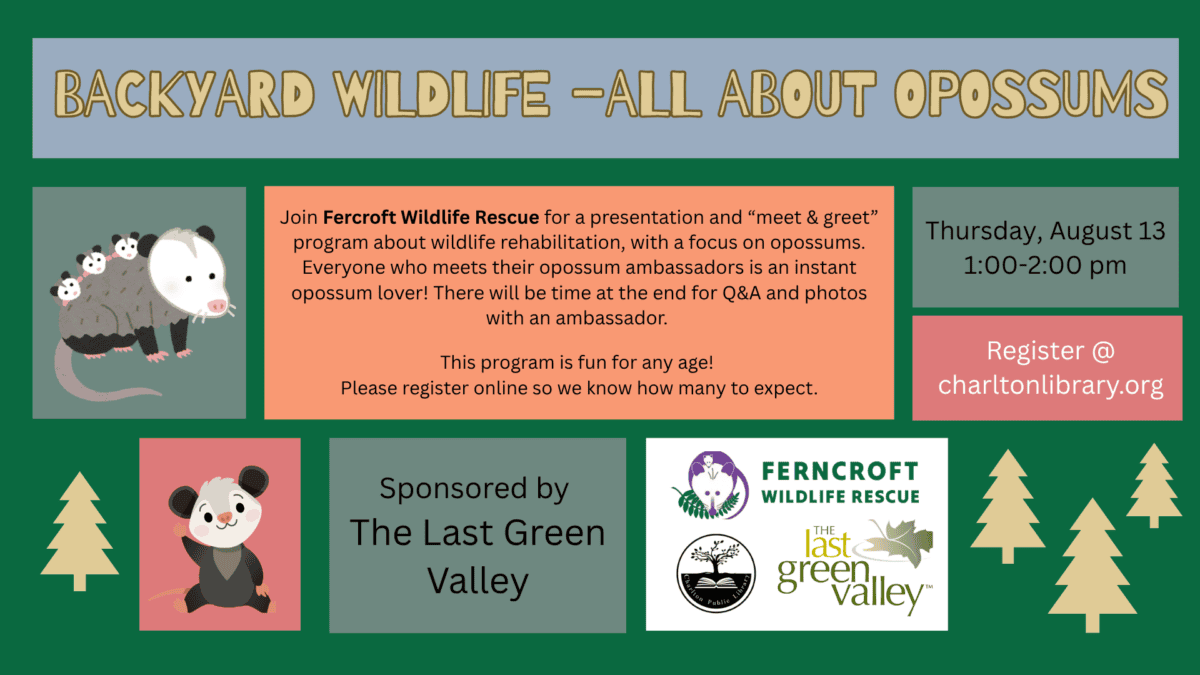 event flyer for “backyard wildlife – all about opossums,“ featuring a presentation by ferncroft wildlife rescue, with event details, sponsor logos, and cartoon opossum illustrations.