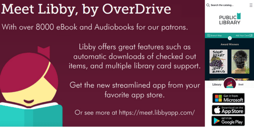 Promotional graphic for the Libby app by OverDrive, highlighting eBooks, audiobooks, app features, and download options for Microsoft, Apple, and Google Play.