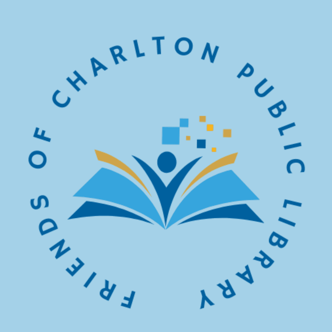 Logo for Friends of Charlton Public Library featuring an abstract figure with raised arms above an open book, surrounded by the group's name in a circular arrangement.