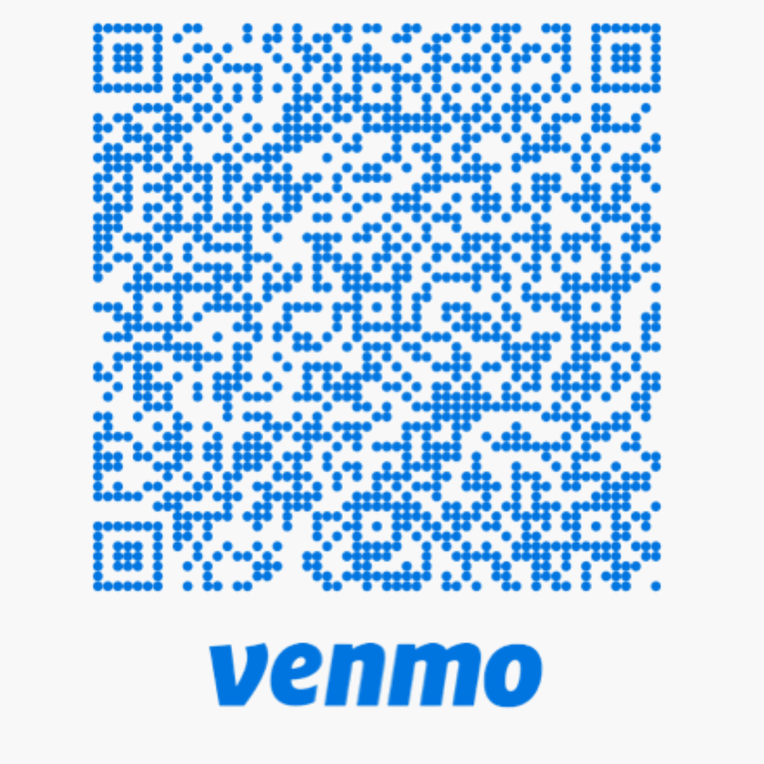 a blue venmo qr code appears above the word “venmo” in lowercase blue letters on a white background.