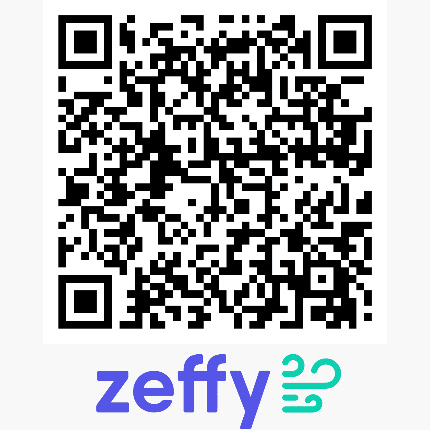 a black and white qr code is centered above the word "zeffy" in purple and teal text with a wind like symbol next to it.
