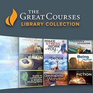 A promotional image for The Great Courses Library Collection, showing covers of various educational courses in history, science, photography, and fiction.