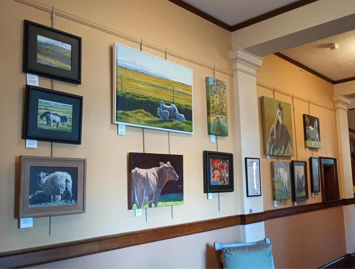 a wall display of various paintings depicting farm animals and rural scenes, arranged in two rows on a beige wall above a wooden chair rail.