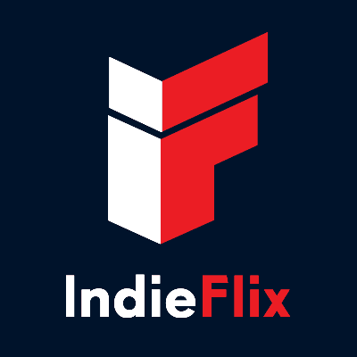 Logo for IndieFlix featuring a bold, geometric "IF" design in red and white above the text "IndieFlix" on a dark blue background.
