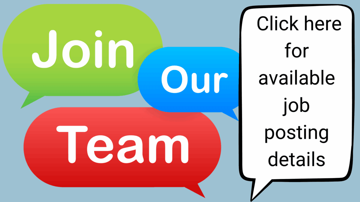 three speech bubbles with the words "join our team" and a sign that reads, "click here for available job posting details" on a light blue background.