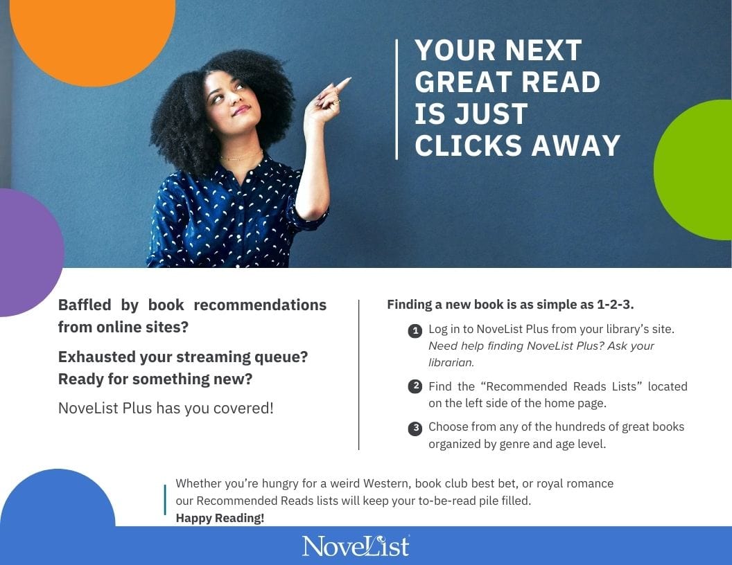 A woman points upward beside text promoting NoveList Plus, a tool for finding new book recommendations, with steps on how to use the service listed on the right.