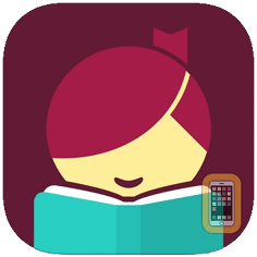 A stylized icon of a person reading a book with a small smartphone illustration in the corner on a maroon background. Libby logo