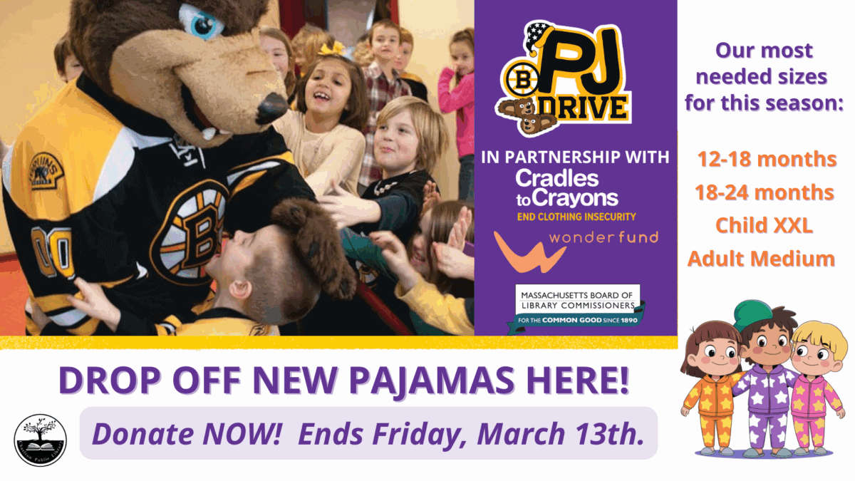 a person in a bear mascot costume high fives excited children at a pajama donation drive; sign lists most needed sizes and donation deadline of friday, march 13th.