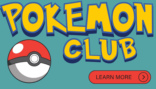 pokémon club logo with a poké ball graphic on a teal background and a red "learn more" button with an arrow.