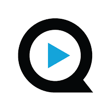 A black letter Q with a blue play button symbol inside the circular part, set against a white background. Qello logo