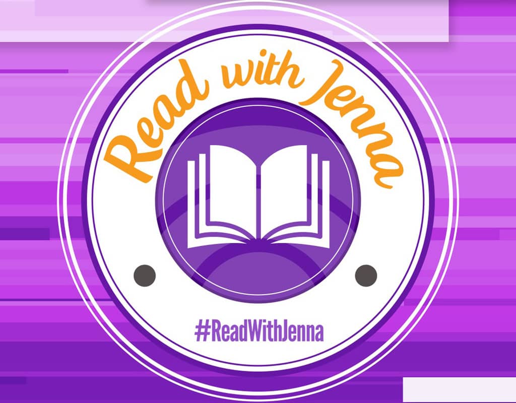 A circular logo with the words "Read with Jenna," an open book icon in the center, and the hashtag #ReadWithJenna, set against a purple striped background.