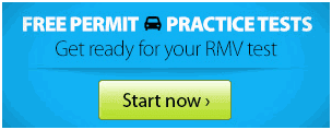 A blue banner reads "Free Permit Practice Tests. Get ready for your RMV test" with a green "Start now" button below.