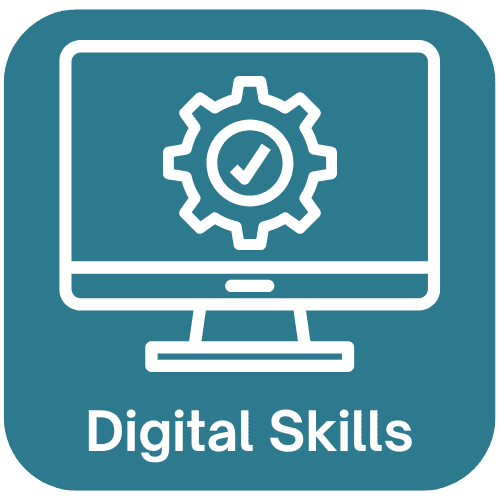 icon of a computer monitor displaying a gear with a checkmark, with the text "digital skills" below on a teal background.