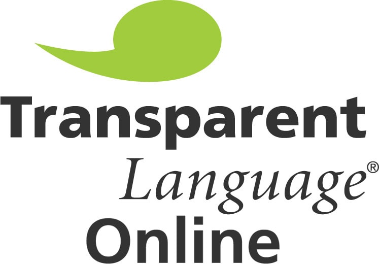 transparent language online logo with a green speech bubble shape above the company name written in black and gray text on a white background.