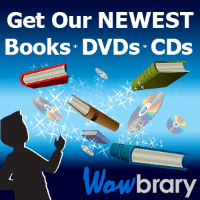 A silhouette of a person reaches toward floating books, DVDs, and CDs with the text: "Get Our NEWEST Books DVDs CDs" and the Wowbrary logo at the bottom.